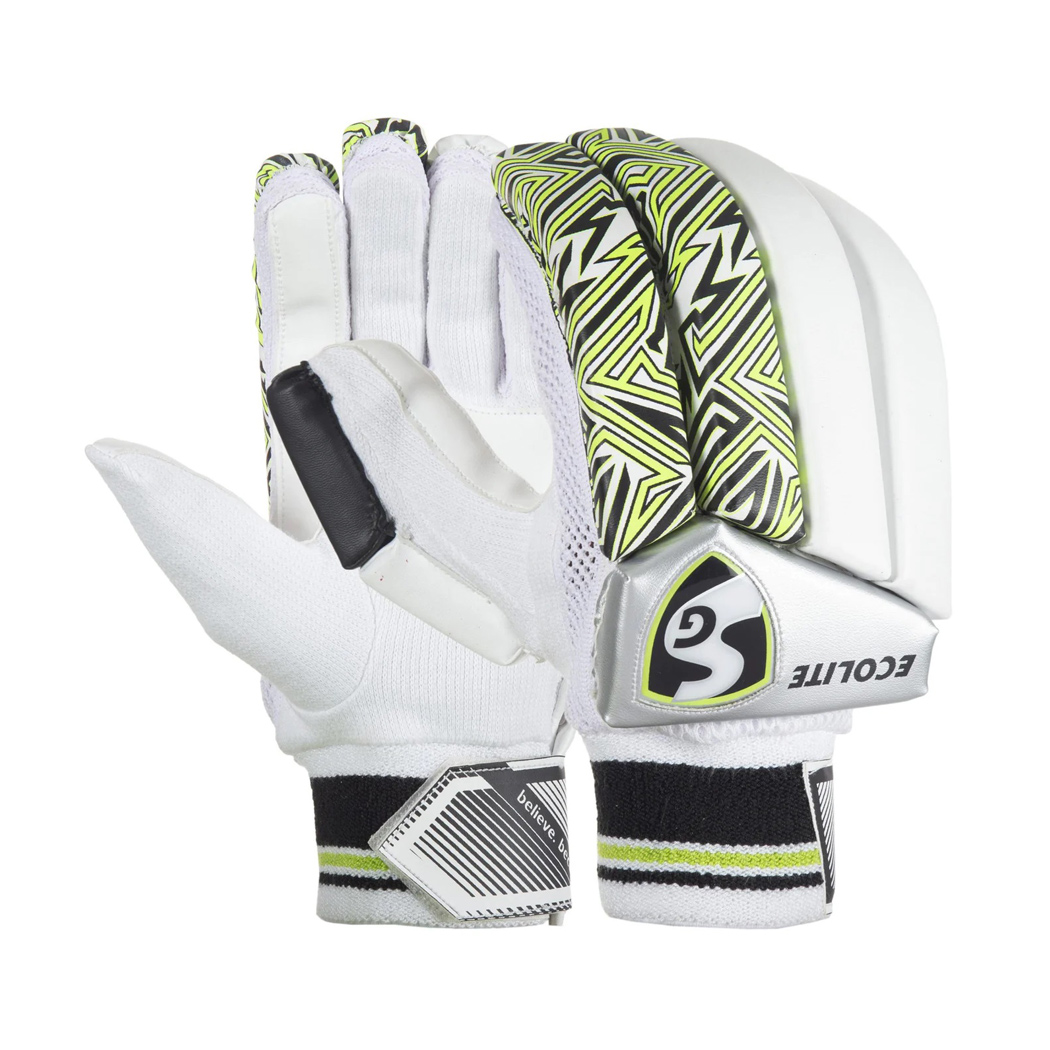 SG Ecolite cricket batting gloves  -  mens, green,white,silver, left-hand